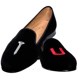 Stubbs & Wootton Screw U College Black Velvet Flats Loafers Size 9 1/2